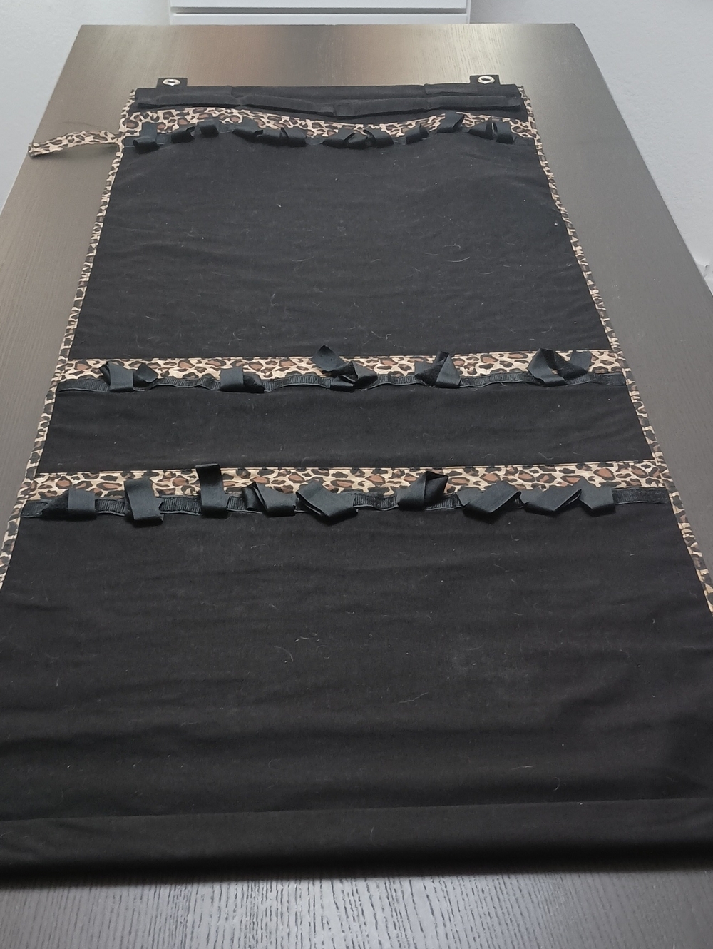 Cute Black Hanging Organizer with Leopard Trim